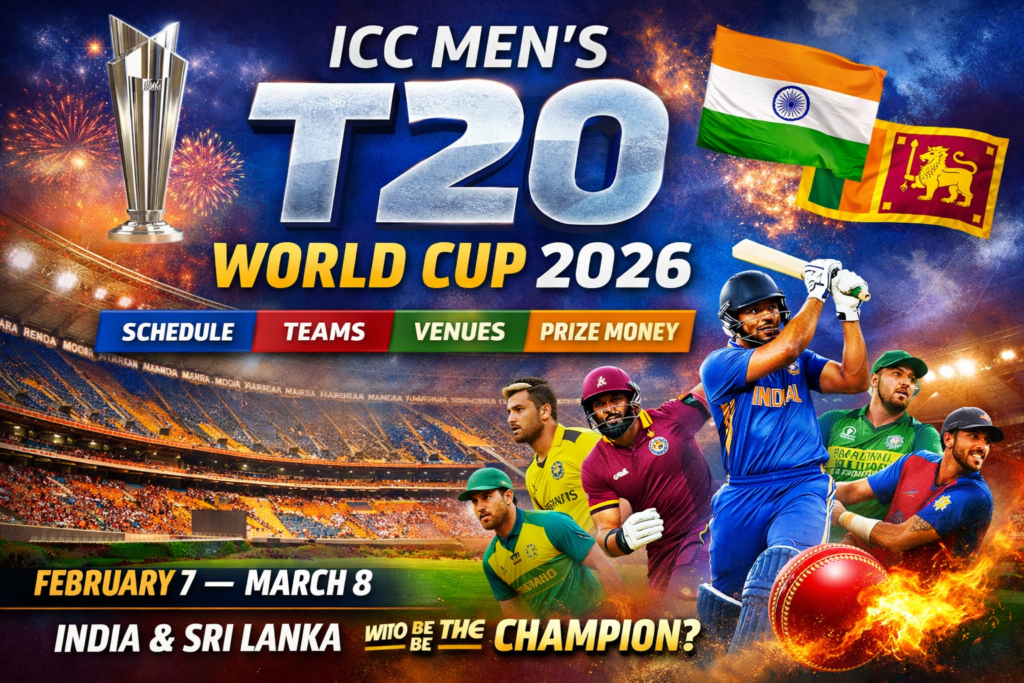 India hosts and defends the T20 World Cup 2026 title. Check match schedule, team groups, stadiums in India & Sri Lanka, prize money and past champions.