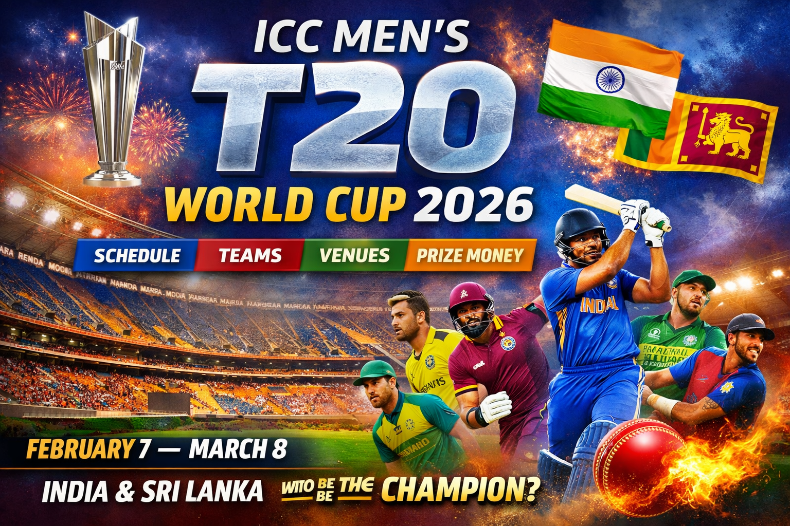 India hosts and defends the T20 World Cup 2026 title. Check match schedule, team groups, stadiums in India & Sri Lanka, prize money and past champions.